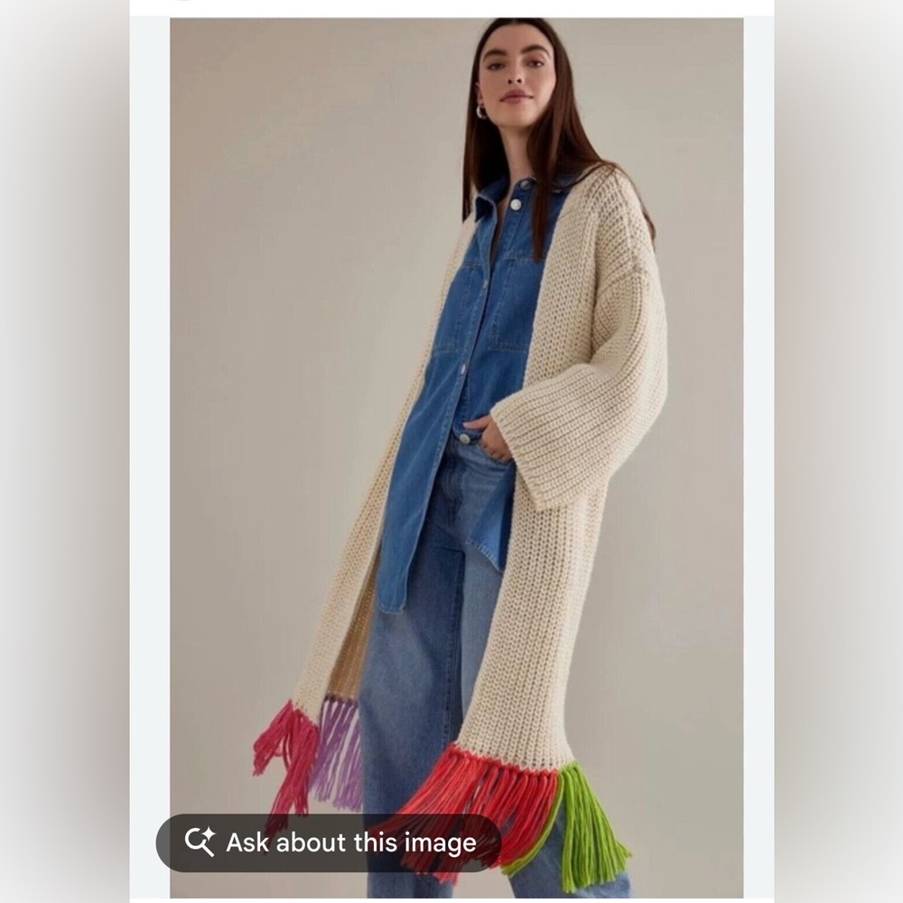 Anthropologie Cream Cardigan with Colorful Fringe